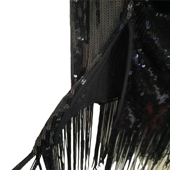 Black Dress Sequins V Neck Large Stretch LBD Tassels Body Hugging - Picture 12 of 13